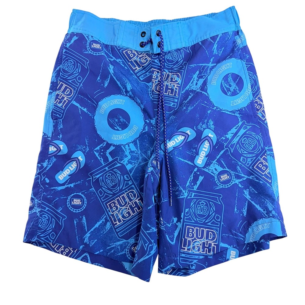 Bud‎ Light Swim Trunks Men Large Blue Beer Can Graphic Board Shorts Drawstring